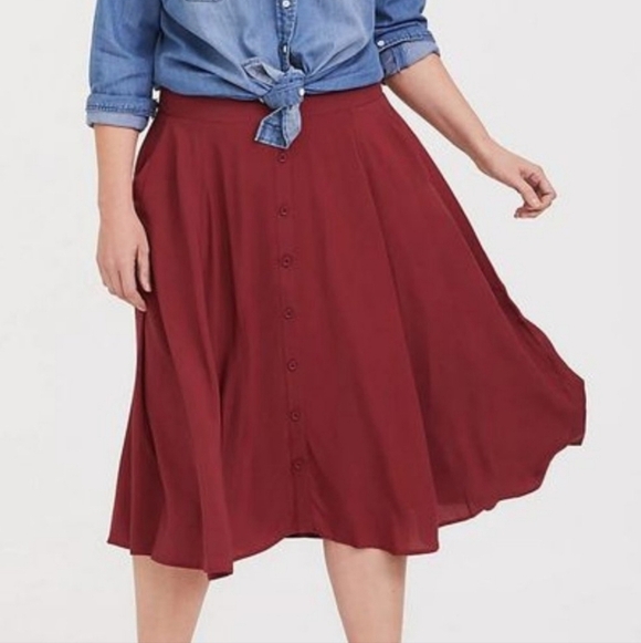 Torrid Burgundy Red Challis Button Front Midi Skirt Women's 1X Plus Size EUC - Picture 2 of 11